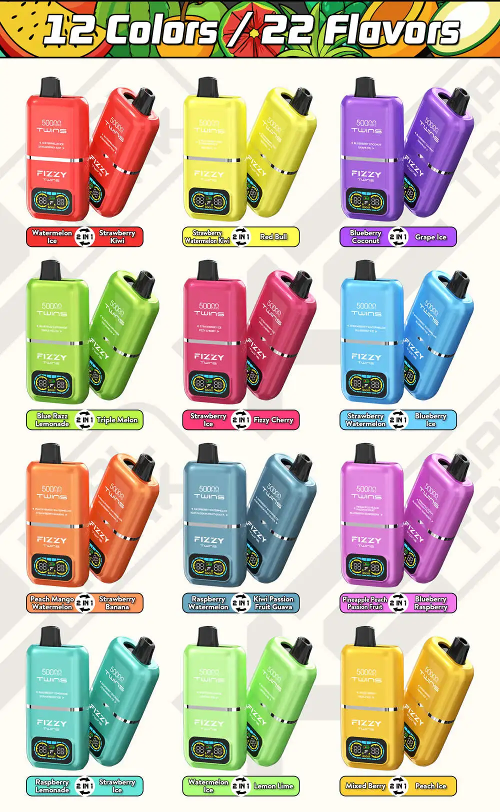 all'ingrosso Gemelli frizzanti a doppio gusto 50K soffi monouso Vape 2 all'ingrosso Gemelli frizzanti a doppio gusto 50K soffi monouso Vape 2